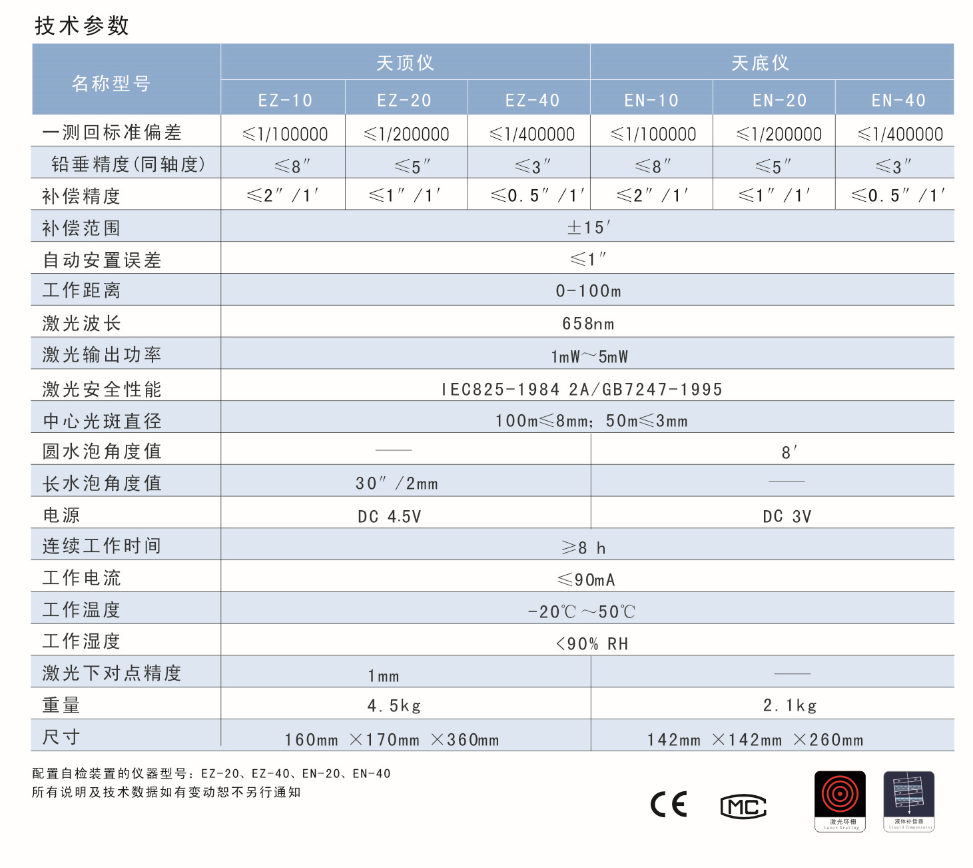 EZ-10、EZ-20、EZ-40激光自動(dòng)安平天頂儀/上垂準(zhǔn)儀技術(shù)參數(shù)